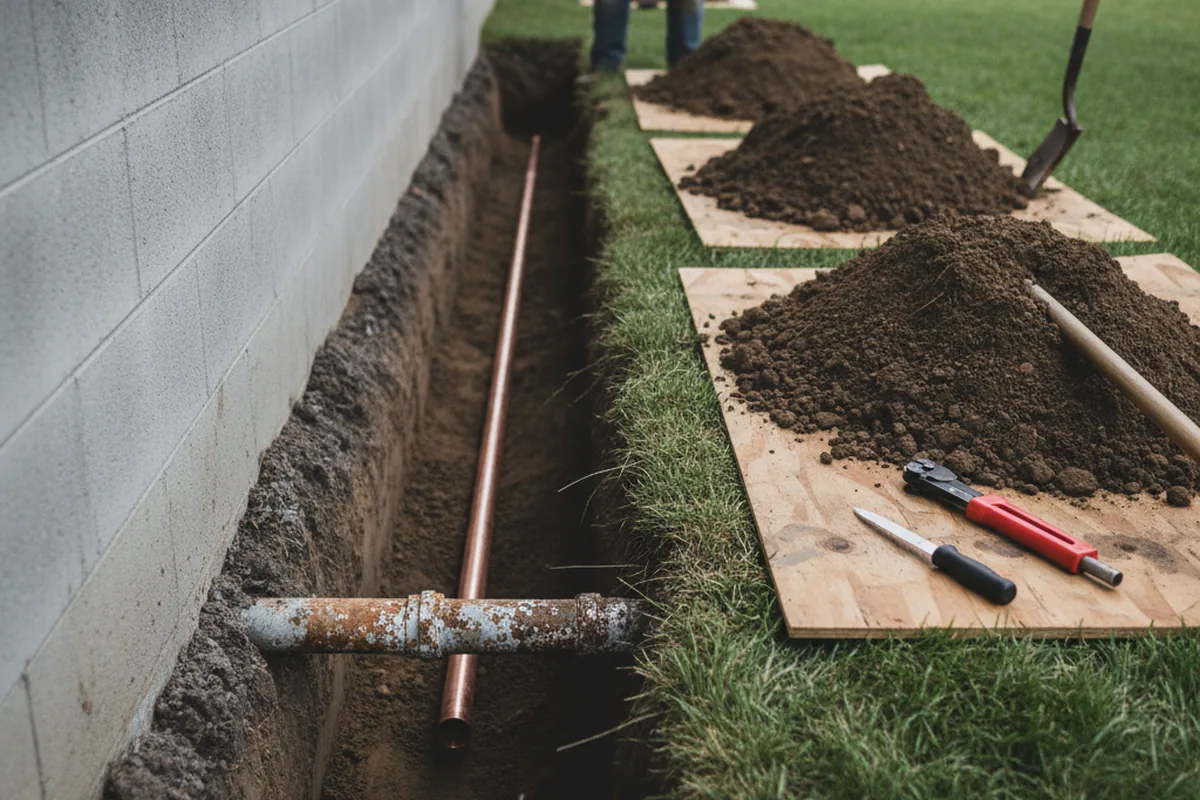 Excavated water line trench during Water Heater Repair in Lake Grove